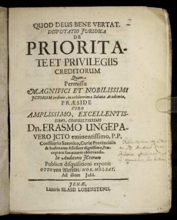 Disputatio Iuridica De Prioritate Et Privilegiis Creditorum