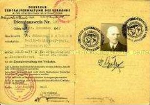 Dienstausweis der Deutschen Zentralverwaltung des Verkehrs in der Sowjetischen Besatzungszone (deutsch, russisch, englisch, französisch)
