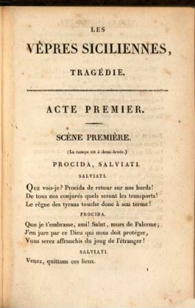 Les vêpres siciliennes : Tragédie en cinq actes, précédée du discours d'ouverture du second théâtre français