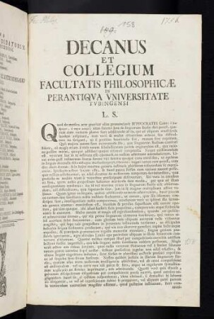 Decanus Et Collegium Facultatis Philosophicae In Perantiqva Vniversitate Tvbingensi L. S.