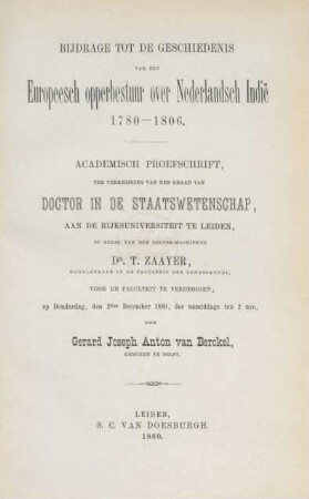 Bijdrage tot de geschiedenis van het Europeesch opperbestuur over Nederlandsch Indië 1780 - 1806 : academisch proefschrift ...