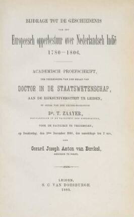 Bijdrage tot de geschiedenis van het Europeesch opperbestuur over Nederlandsch Indië 1780 - 1806 : academisch proefschrift ...