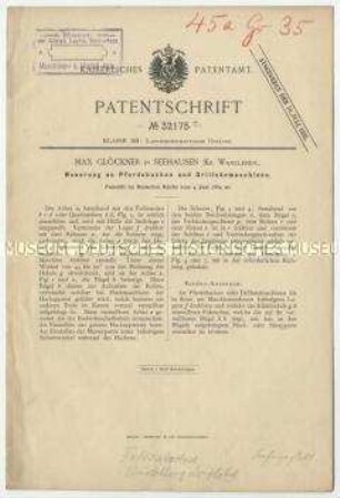 Patentschrift einer Neuerung an Pferdehacken und Drillmaschinen, Patent-Nr. 32175