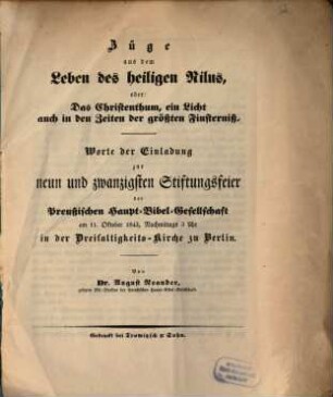 Züge aus dem Leben des heiligen Nilus, oder: Das Christenthum, ein Licht auch in den Zeiten der größten Finsterniß
