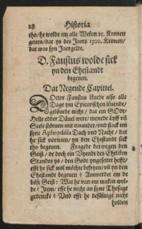D. Faustus wolde sick yn den Ehestandt begeven. Dat Negende Capittel.