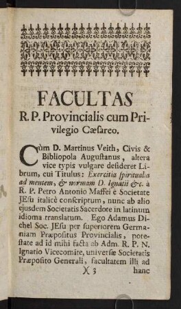 3r-3v, Facultas. R. P. Provincialis cum Privilegio Caesareo