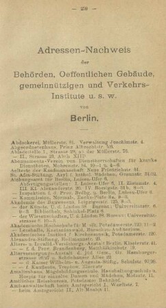 Adressen-Nachweis der Behörden, Oeffentlichen Gebäude, gemeinnützigen und Verkehrs-Institute u. s. w.