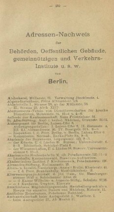 Adressen-Nachweis der Behörden, Oeffentlichen Gebäude, gemeinnützigen und Verkehrs-Institute u. s. w.