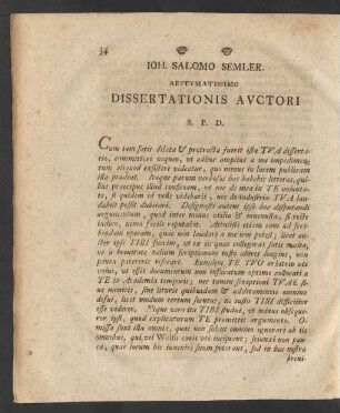 Ioh. Salomo Semler. Aestumatissimo Dissertationis Auctori