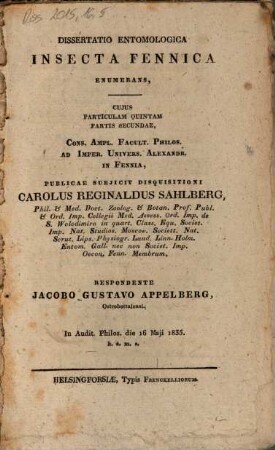 Dissertatio entomologica Insecta Fennica enumerans
