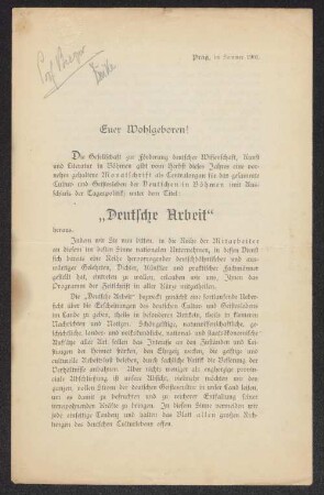 [Prospekt für die] Monatsschrift ... "Deutsche Arbeit"