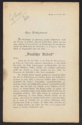 [Prospekt für die] Monatsschrift ... "Deutsche Arbeit"