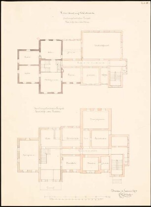 Herrenhaus Schönborn Umbau: 2 Grundrissvarianten: 1. Variante Grundriss 1. Obergeschoss, 2. Variante Grundriss Erdgeschoss, Maßstabsleiste