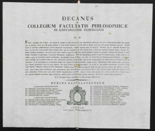Decanus Et Collegium Facultatis Philosophicae In Universitate Tubingensi L. S.