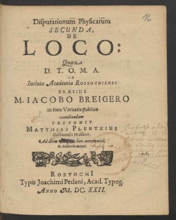 Disputationum Physicarum Secunda, De Loco