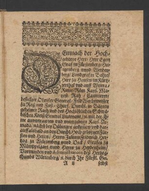 Demnach der Hochgeborne Herr/ ...