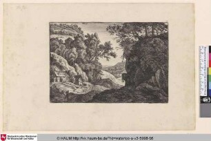 [Landschaft mit Bauerhäusern am Berg; Two cottages at the foot of a mountain]