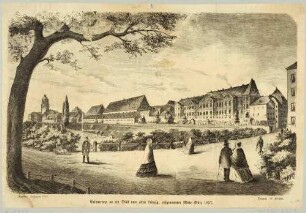 Stadtansicht von Leipzig vom Rossplatz auf den ehemaligen Festungsanlagen, Blick nach Nordwesten zu Peterstor und Pleißenburg im Hintergrund