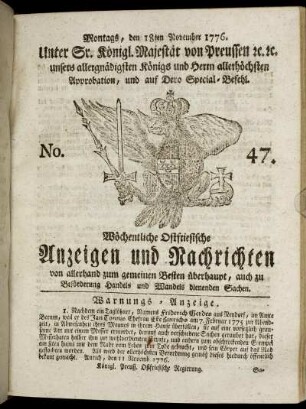 No. 47. Montags, den 18ten November 1776.