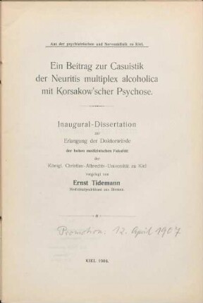 Ein Beitrag zur Casuistik der Neuritis multiplex alcoholica mit Korsakow'scher Psychose