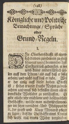 Königliche und Politische Betrachtunge/ Sprüche oder Grund-Regeln.