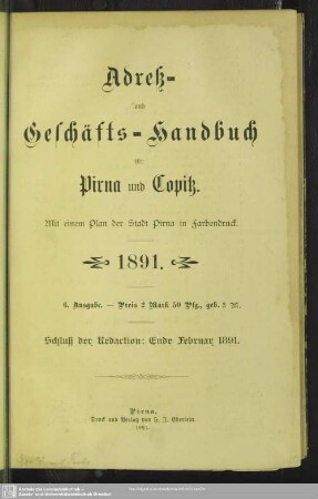 6.1891: Adreß- und Geschäftshandbuch für Pirna, Copitz und Posta