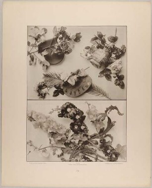 88. Vignetten aus Rosen, Schild, Flasche, Palette, Palme und Malven