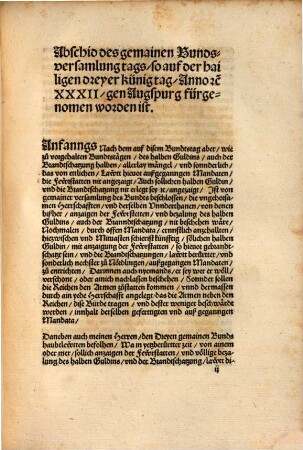 Abschid des gemainen Bundtsversammlungstags wo auf d. hail. drey Königtag a. 1532 gen Augspurg fürgenommen worden ist