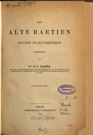 Das alte Raetien : staatlich und kulturhistorisch dargestellt