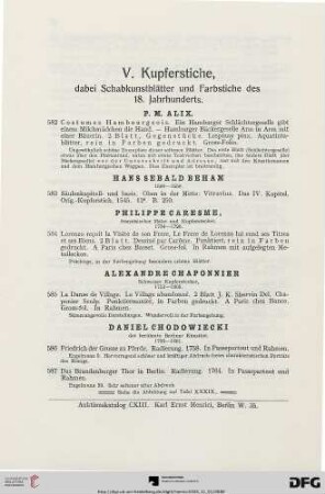 V. Kupferstiche, dabei Schabkunstblätter und Farbstiche des 18. Jahrhunderts (Nr. 582-640)