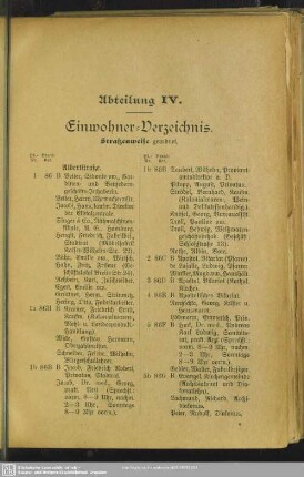 Abteilung IV. Häuserbuch : Abteilung IV. Einwohner-Verzeichnis. Straßenweise geordnet