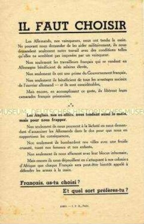 Propagandaflugblatt aus dem besetzten Frankreich zur Werbung von Fremdarbeitern für die deutsche Rüstungsindustrie