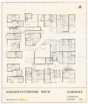 »Das Stadthaus« für die IBA an der Kochstraße, Berlin-Kreuzberg Schinkelwettbewerb 1979: Grundriss 2.OG 1:100