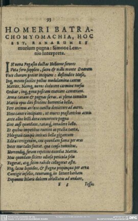 Homeri Batrachomyomachia, Hoc Est, Ranarum Re murium pugna : Simone Lemnio Interprete