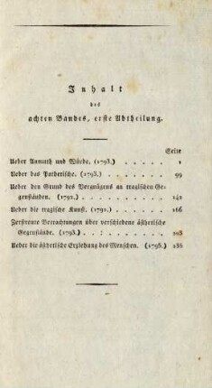 Inhalt des achten Bandes, erste Abtheilung