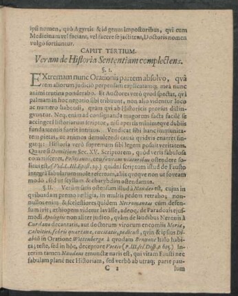 Caput Tertium. Veram de Historia Sententiam complectens.