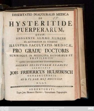 Dissertatio Inauguralis Medica De Hysteritide Puerperarum