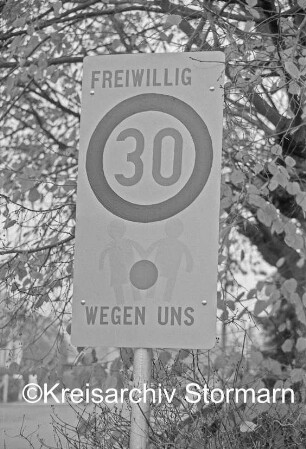 Bischofsteicher Weg: selbstgebasteltes Verkehrsschild: im Hintergrund Bäume: 20.11.1985