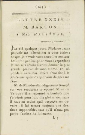 Lettre XXXIV. M. Barton à Mad. d' Albémar, Mondoville 9 Novembre.