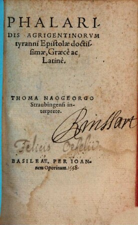 Phalaridis Agrigentinorum tyranni Epistolae doctissimae : graece et latine