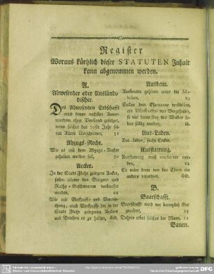 Register Woraus kürtzlich dieser Statuten Inhalt kann abgenommen werden