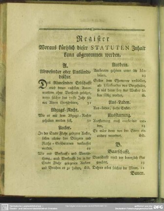 Register Woraus kürtzlich dieser Statuten Inhalt kann abgenommen werden
