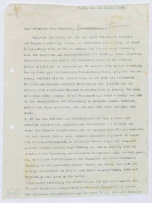 Schreiben von Prinz Max von Baden an Walter Simons; Empfehlung für Herbert von Hindenburg als neuer italienischer Botschafter