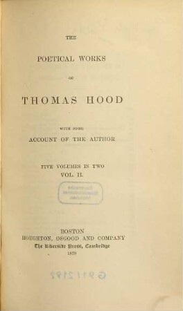 The poetical works of Thomas Hood : with some account of the author : five volumes in two. 2