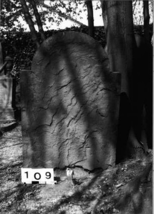 Grabstein 109 (Index: 99629610) Material: Sandstein Zustand: völlig verwittert Maße HxBxT: 104x65x8 cm Beschreibung: Stele mit eingezogenem Rundbogenabschluß: Grabstein 109