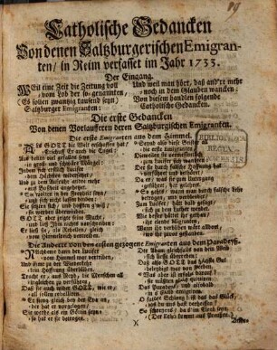 Catholische Gedancken Von den Saltzburgerischen Emigranten