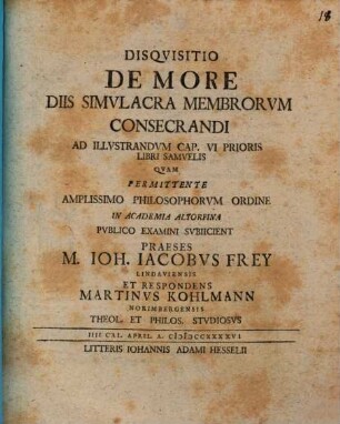 Disquisitio de more, diis simulacra membrorum consecrandi : ad illustrandum cap. VI. prioris libri Samuelis