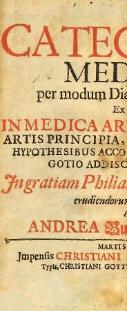 Catechesis Medica : per modum Dialogi proposita, Ex qua In Medica Arte Initiandi Artis Principia, Neotericorum Hypothesibus Accommodata, Facili Negotio Addiscere Possunt