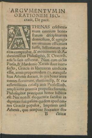 Argumentum In Orationem Isocratis, De pace.