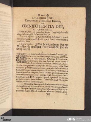 Disputatio Theologiae Biblicae, De Omnipotentia Dei.